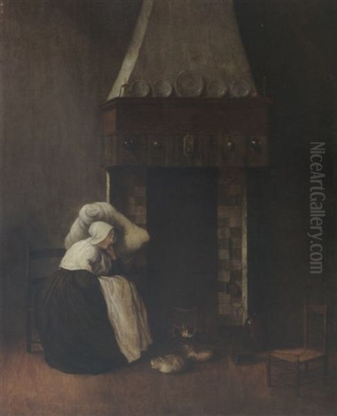 An Interior With A Woman Sleeping Near A Fireplace, Together With A Cat And A Dog Oil Painting by Jacobus Vrel