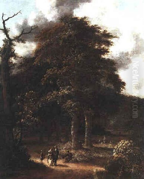 A Wooded Landscape With An Elegant Couple On A Path Passing A Beggar Oil Painting by Jansz van Vries