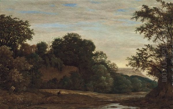 A Wooded River Landscape With A Hunter And His Dog, On A Track, A Wall Beyond Oil Painting by Cornelis Hendricksz. The Younger Vroom