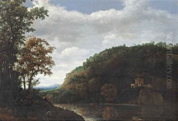 A Mountainous River Landscape With A Shepherd In The Left Foreground And A Temple On The Opposite River Bank Oil Painting by Cornelis Hendricksz. The Younger Vroom