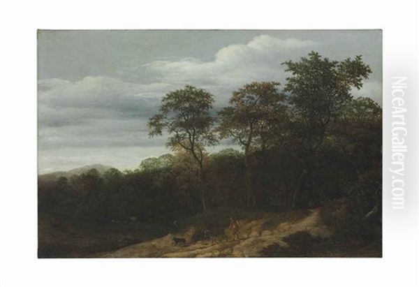 A Wooded Landscape With Shephards On The Path Oil Painting by Cornelis Hendricksz. The Younger Vroom