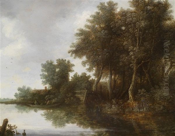 Flusslandschaft Mit Einem Fahrboot Und Einem Angler Oil Painting by Cornelis Hendricksz. The Younger Vroom