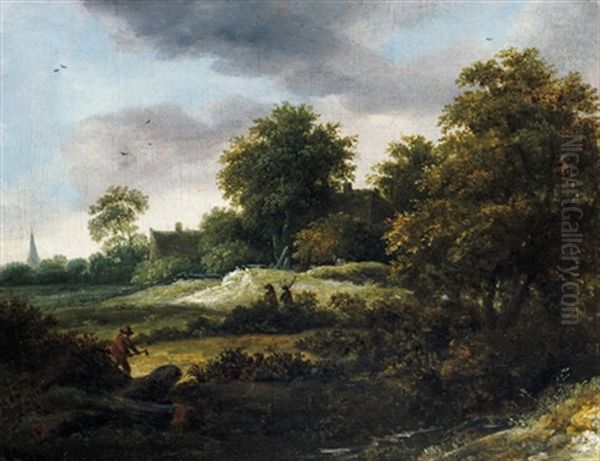 Waldlandschaft Mit Einem Holzfaller Und Jagern Oil Painting by Cornelis Hendricksz. The Younger Vroom