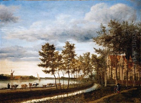Drovers With Their Animals Walking On A Path Along The Spaarne, The City Of Haarlem In The Distance Oil Painting by Cornelis Hendricksz. The Younger Vroom
