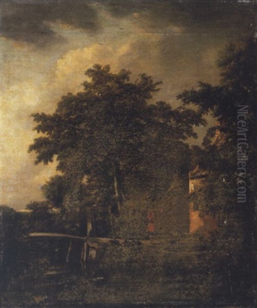 A Wooded Landscape With A Huntsman In Red Shooting By A Cottage Oil Painting by Cornelis Hendricksz. The Younger Vroom