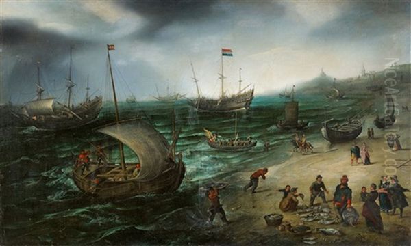 Segelschiffe Am Strand Von Scheveningen Oil Painting by Hendrik Cornelisz. Vroom