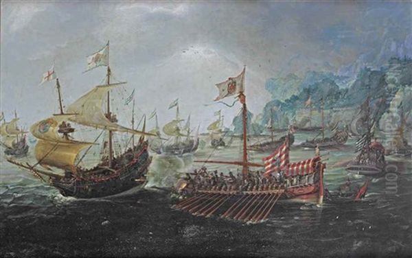 A Battle Between Spanish Galleons And English And Dutch Warships Before A Rugged Coastline Oil Painting by Hendrik Cornelisz. Vroom
