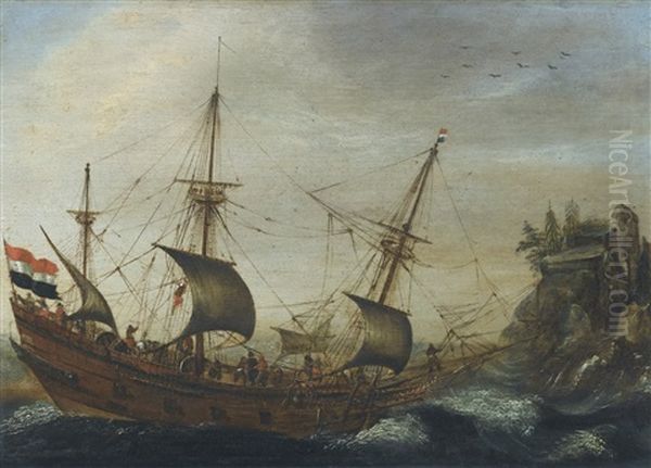 A Dutch Merchantman In Coastal Waters Oil Painting by Hendrik Cornelisz. Vroom