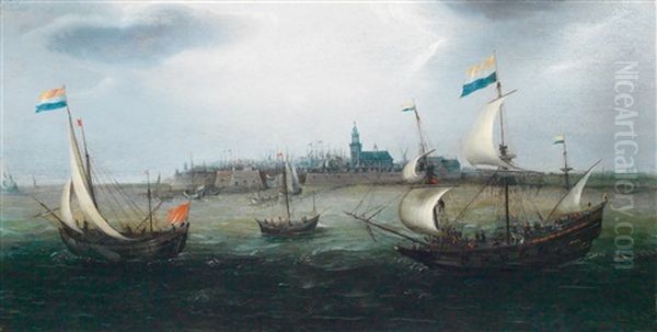 Schiffe Mit Der Flagge Der Generalstaaten Auf Bewegter See Vor Einer Hafenstadt Oil Painting by Hendrik Cornelisz. Vroom