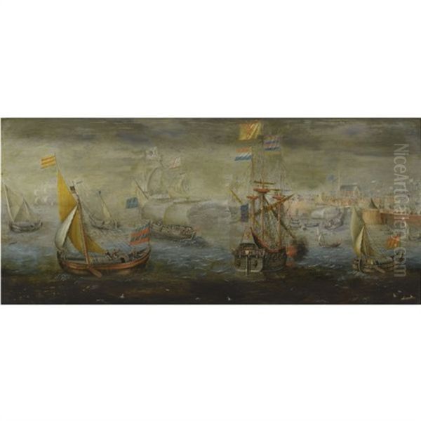 A Dutch Man-of-war And Other Flagships Near A Dutch Fortified Town Oil Painting by Hendrik Cornelisz. Vroom