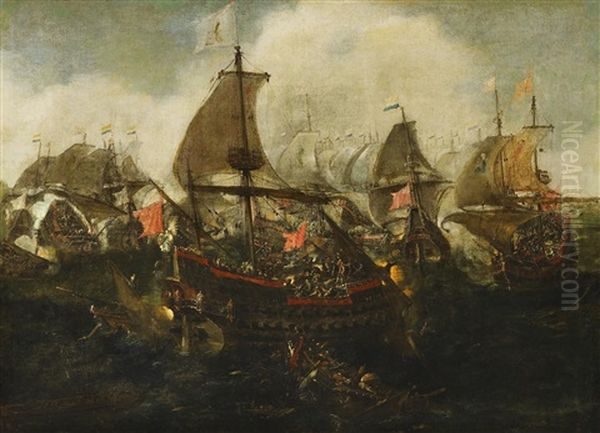 Seeschlacht Zwischen Der Neuen Spanischen Armada Und Den Niederlandern Vor Dunkirchen Oil Painting by Hendrik Cornelisz. Vroom