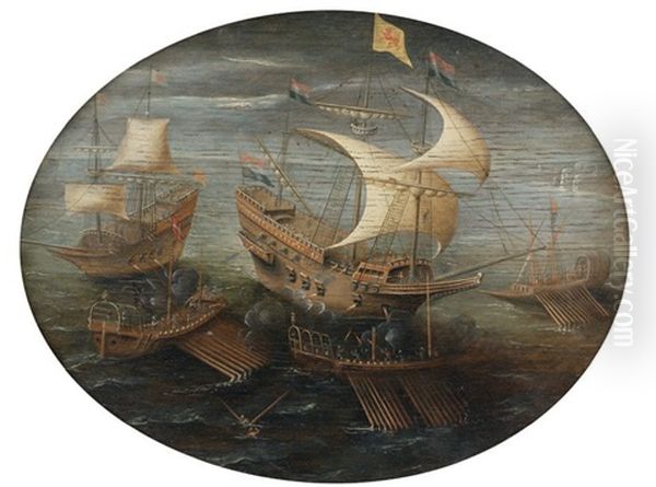 Bataille Navale Entre Un Galion Hollandais Et Un Vaisseau De Guerre Et Trois Galeres Anglaises Oil Painting by Hendrik Cornelisz. Vroom