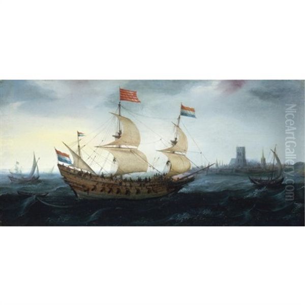 A Dutch Two-master In A Stiff Breeze Before A Dutch Coastal Town (den Briel?) Oil Painting by Hendrik Cornelisz. Vroom