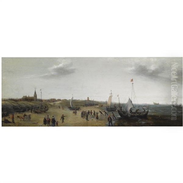 A View Of The Beach At Scheveningen With Fishermen Unloading Their Catch, Elegant Figures Strolling Along The Beach Oil Painting by Hendrik Cornelisz. Vroom