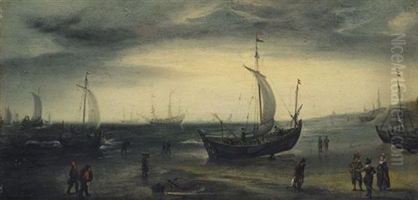 A North Sea Beach Scene, With Fishing Pinks Coming Ashore And Larger Vessels Offshore Oil Painting by Hendrik Cornelisz. Vroom