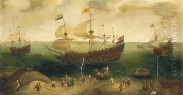 The Amsterdam Fourmaster De Hollandse Tuyn And Other Ships Entering The Ij On Their Return From Brazil Under The Command Of Paulus Van Caerden Oil Painting by Hendrik Cornelisz. Vroom