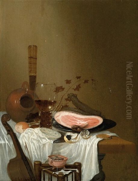 Still Life With Rummers, Meat, Lemons, Bread, Pipes And A Violin; And Still Life With A Rummer, Ham And Lemons On A Table And A Violin In The Foreground Oil Painting by Gerrit Van Vucht