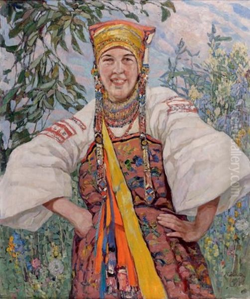 Jeune Ukrainienne En Costume Traditionnel Oil Painting by Konstantin Semionovich Vysotsky