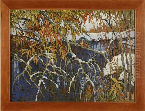 Kingfisher On A Snow-highlighted Tree Branch Oil Painting by Konstantin Semionovich Vysotsky