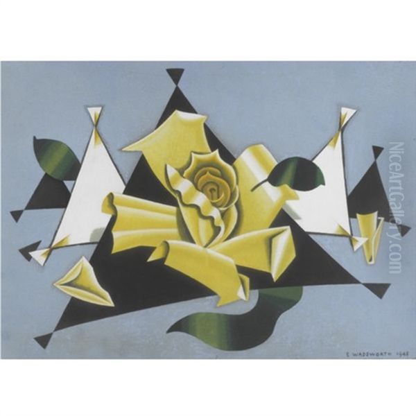 Yellow Rose On Blue Ground Oil Painting by Edward Wadsworth