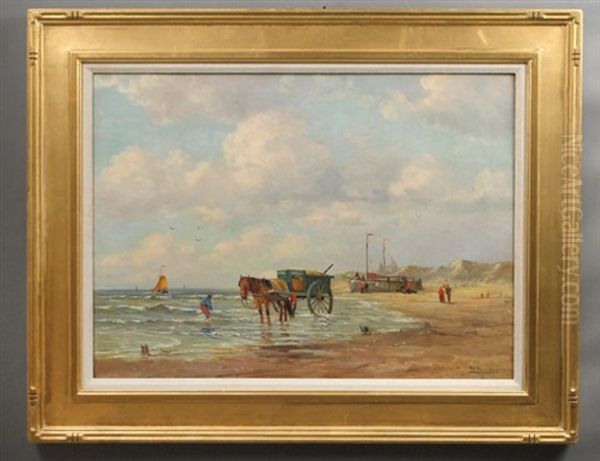 Low Tide With Boats, Horse Cart And Clam Diggers Oil Painting by Pieter Johannes A. Wagemans
