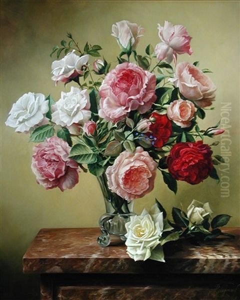 Still Life Of Red And Pink Roses On A Marble Plinth Oil Painting by Pieter Johannes A. Wagemans