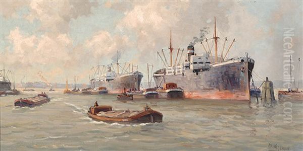 The Rotterdam Harbour (+ Church By A Harbour With Moored Boats, Lrgr; 2 Works) Oil Painting by Pieter Johannes A. Wagemans