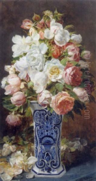 Rosen In Einer Delfter Vase Oil Painting by Ferdinand Wagner, Snr.