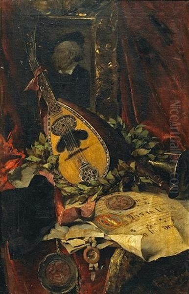 A Still Life With Musical Instruments And A Portrait Of Richard Wagner Oil Painting by Ferdinand Wagner the Younger