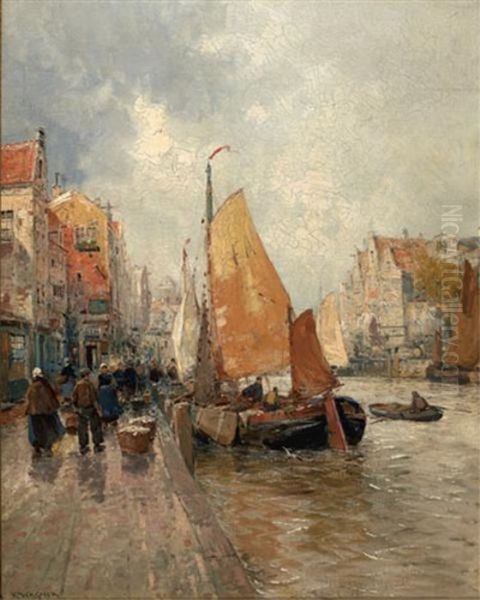 Port Scene With Sailboats And Gabled Houses Oil Painting by Carl Wagner