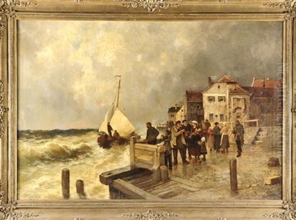 Vielfigurige Szene Am Stadtischen Kai Vor Sturmischer See Oil Painting by Carl Wagner