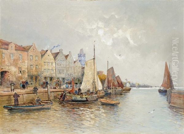 Dutch Port City Oil Painting by Hans Johann Wagner