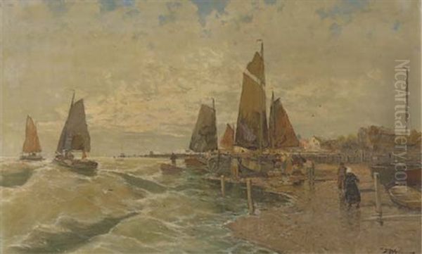 A Busy Quay In A Dutch Coastal Town Oil Painting by Jacob Wagner