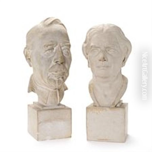 A Pair Of Plaster Portrait Busts Of Johan Rohde And A Woman Oil Painting by Siegfried Wagner