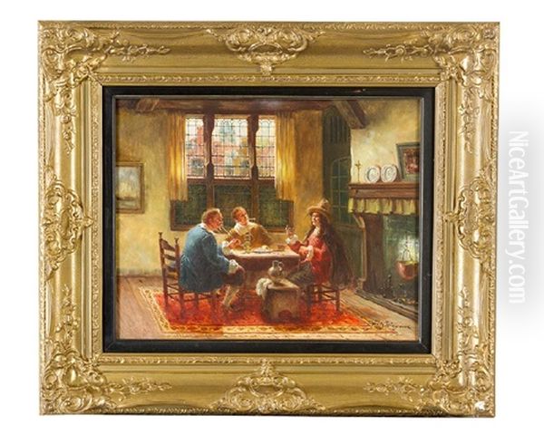 Conversation In A Dutch Interrior Oil Painting by Fritz Wagner