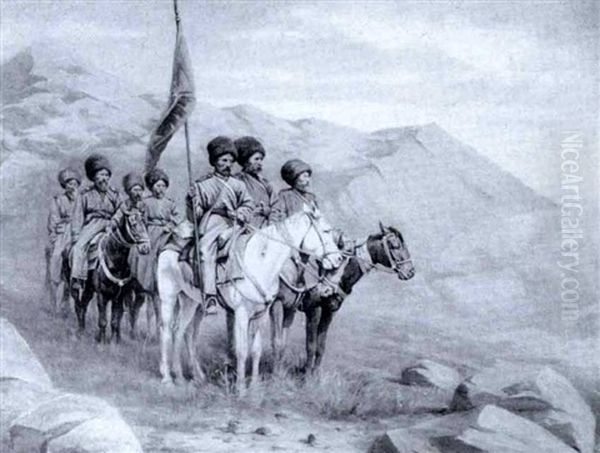 Tscherkessen-trupp Mit Der Grunen Fahne Des Propheten Auf   Felsenubersatem Hang Im Kaukasus Oil Painting by Alexander Amandus Von Wahl