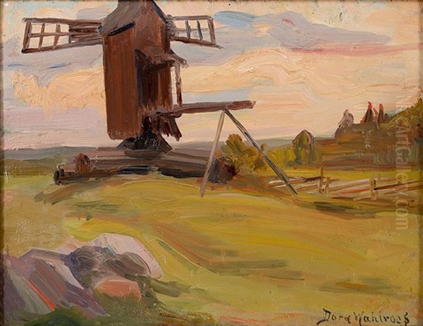 Old Windmill Oil Painting by Dora Wahlroos