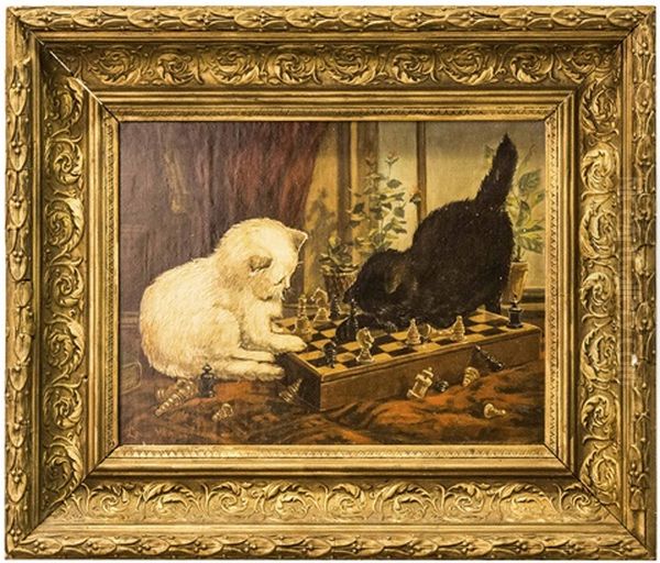 Kattungar Pa Schackspel Oil Painting by Louis Wain