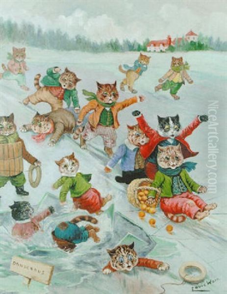Skating On Thin Ice Oil Painting by Louis Wain
