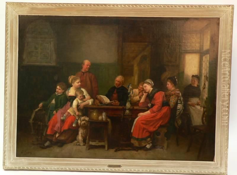 A Large Interior Genre Scene With Many Figures Oil Painting by Brion, Gustave