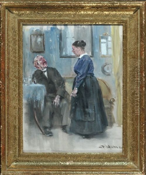 Herr Mit Zahnschmerzen Im Wohnzimmer, Betrachtet Von Seiner Ehefrau Oil Painting by Franz Walde