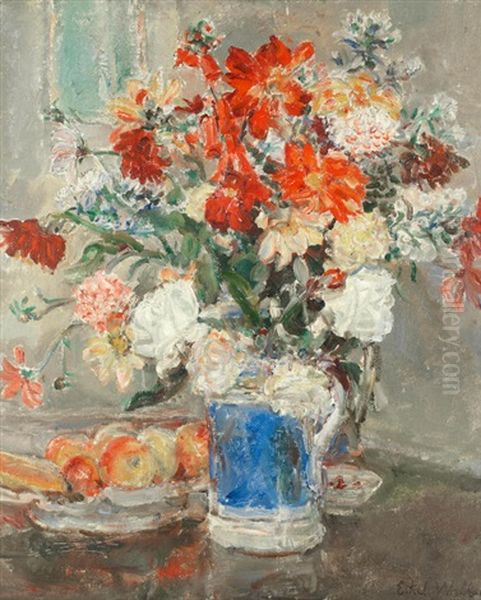 Still Life Of Mixed Flowers In A Blue Vase Oil Painting by Ethel, Dame Walker