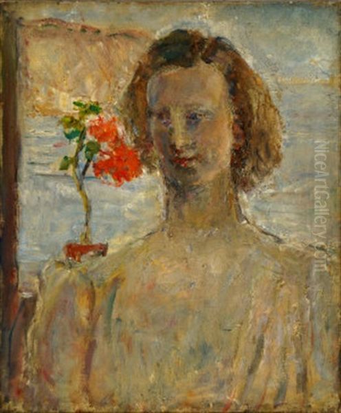 Daisy Contre Jour Red Flower, Cliffs & Sea Oil Painting by Ethel, Dame Walker