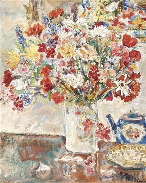 Flowers In A Jug With Teapot Oil Painting by Ethel, Dame Walker