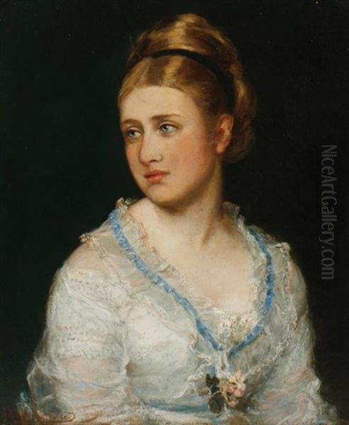 Portrait Of A Young Woman Wearing A Lace And Blue Silk Gown Oil Painting by John Hanson Walker