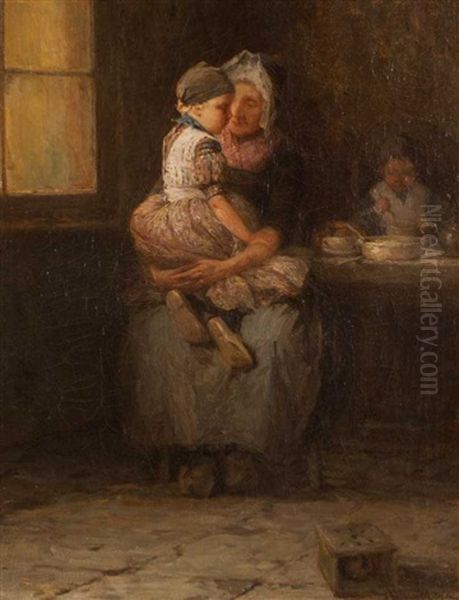 Mother And Children, An Interior Scene Oil Painting by David B. Walkley