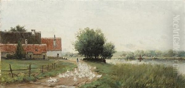 Geese On A French Farm Oil Painting by David B. Walkley