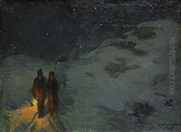 Par Med Lampa - Stjarnklar Vinternatt Oil Painting by Alf, Alfred Wallander