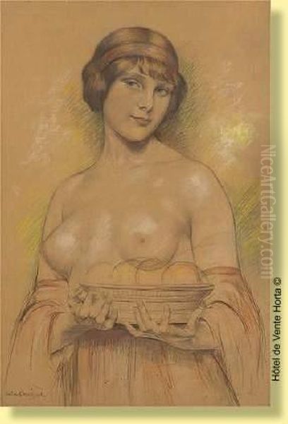 Jeune Femme Au Torse Nu Et Panier De Fruits Oil Painting by Gustave Brisgand