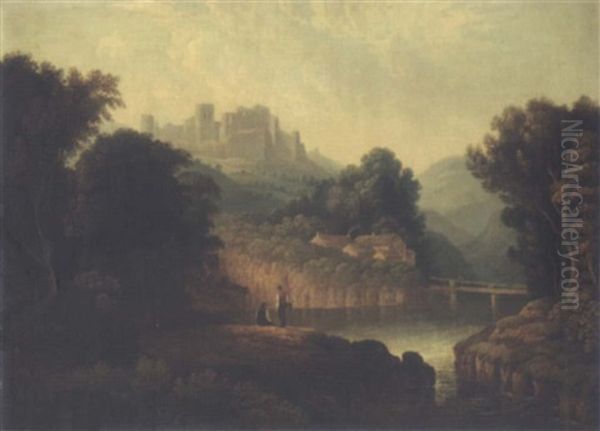 A River Landscape With Fishermen In The Foreground And A Ruined Castle On A Hill Beyond Oil Painting by Thomas Walmsley
